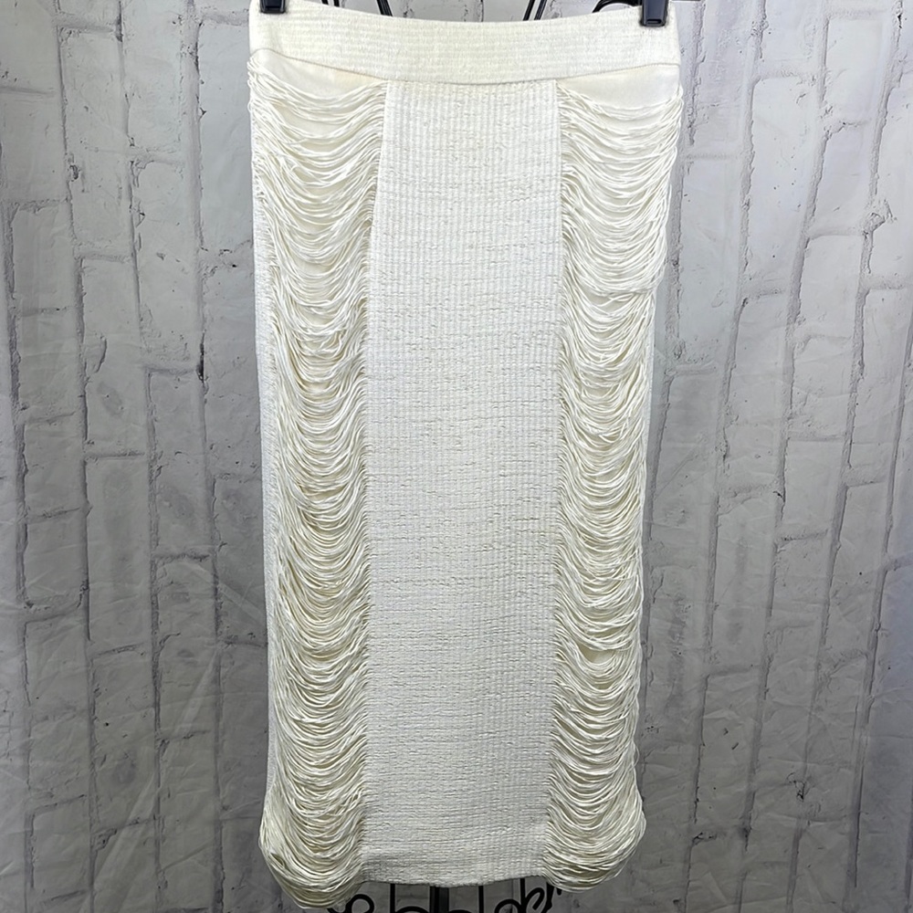 Jonathan Simkhai Midi Pencil Skirt Cream Draping String Detail Body Con Back Zip